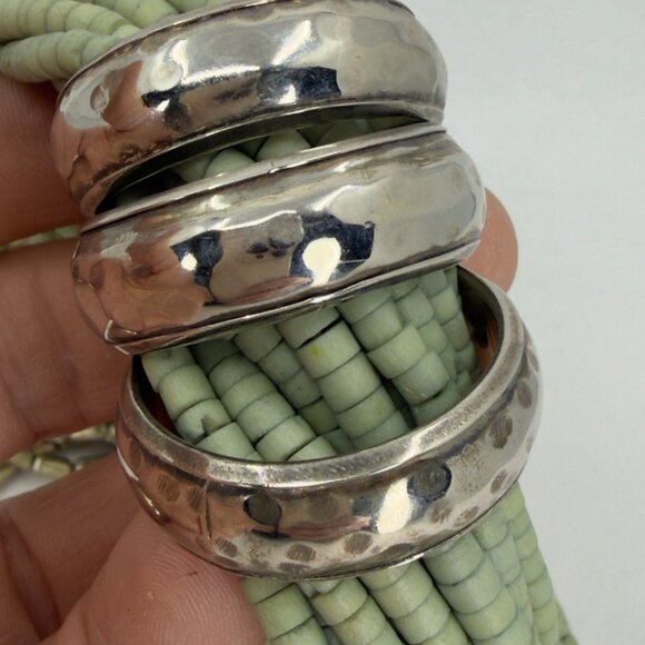 Green Multi Strand Beaded Necklace With Hammered Silver-Tone Rings Gold Beads - Picture 2 of 12